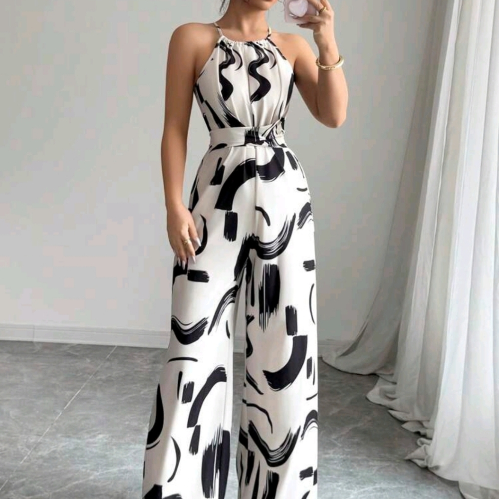 Women's Printed Fabric Waist Tie Jumpsuit, Elegant For Holiday And Every - Picture 1 of 6